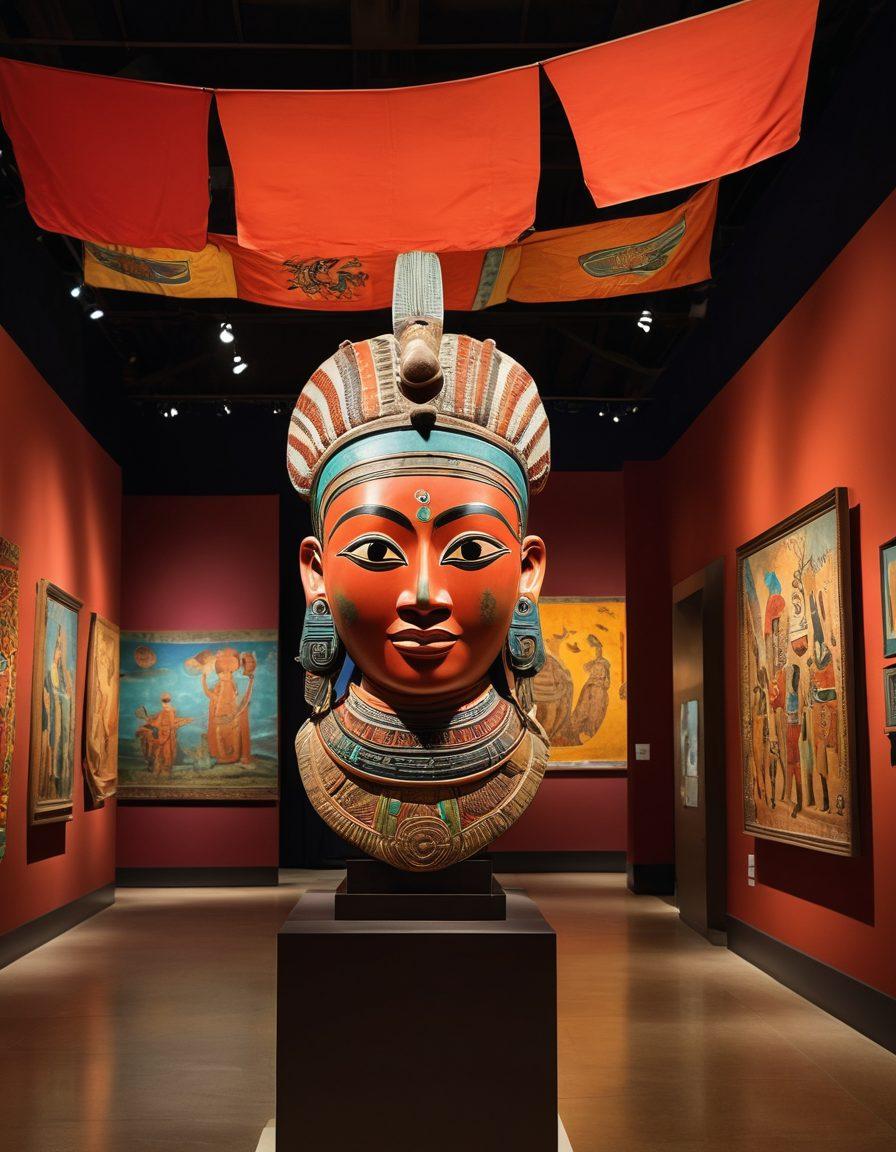 A vibrant museum interior showcasing diverse cultural artifacts, with visitors engaged in interactive exhibits that radiate joy. Incorporate colorful banners, playful displays, and happy faces reflecting the thrill of exploration. Include elements from various cultures like African masks, Asian pottery, and European paintings subtly blended in. Create a captivating atmosphere with warm lighting and a sense of community. super-realistic. vibrant colors. 3D.