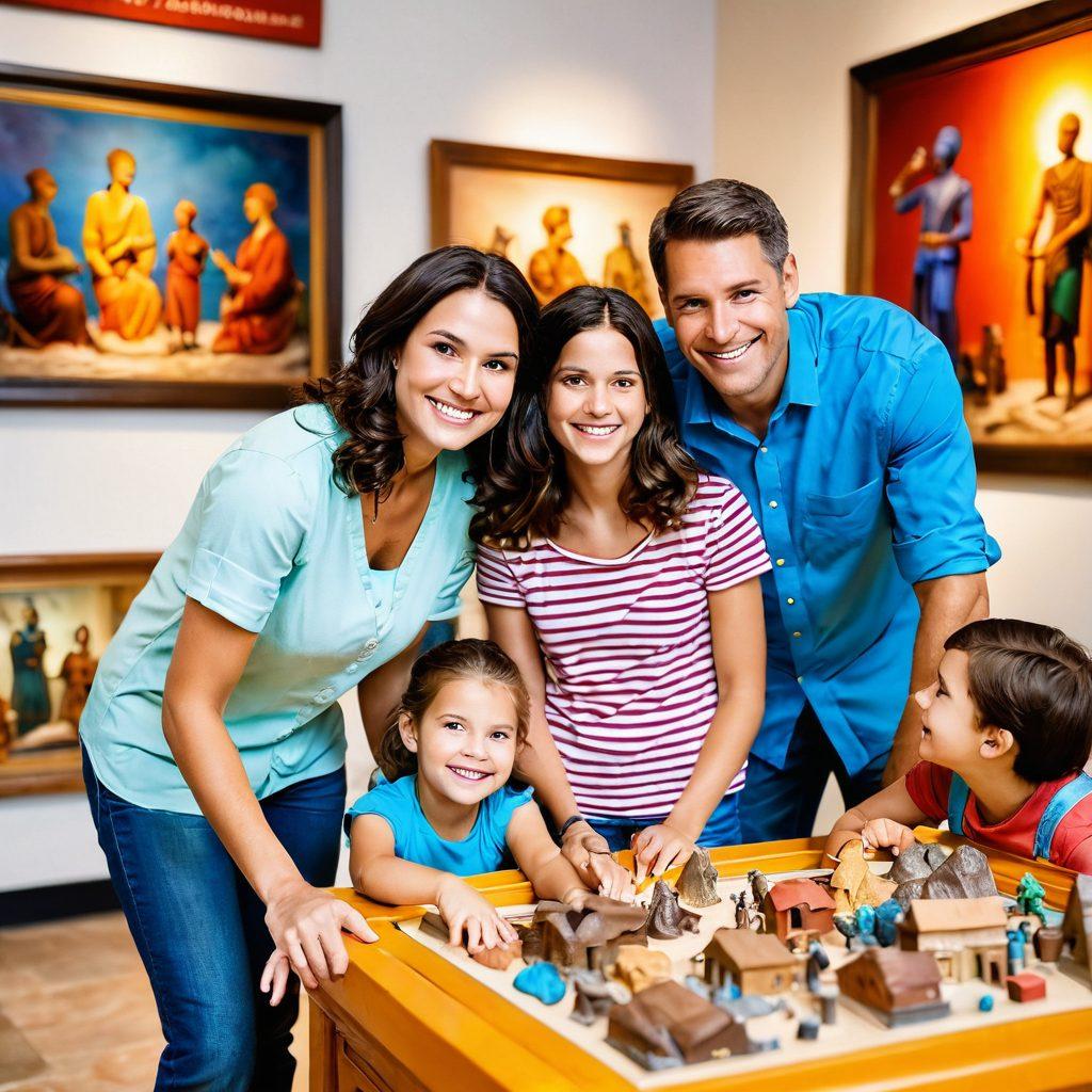 A vibrant family exploring a colorful museum filled with interactive educational artifacts and exhibits, children joyfully pointing at an ancient artifact while parents smile proudly, the background showcases various art pieces and educational displays, a warm and inviting atmosphere. super-realistic. vibrant colors. white background.
