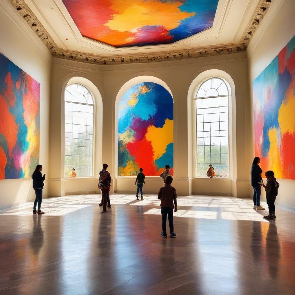 A vibrant museum interior bustling with diverse visitors gazing in awe at various art pieces, including a large, colorful abstract painting and classic sculptures. Sunlight filters through grand windows, casting playful shadows across marble floors. Include a child pointing excitedly at an exhibit, capturing the joy and wonder of art appreciation. Evoke a sense of connection and discovery among the visitors. super-realistic. vibrant colors. 3D.